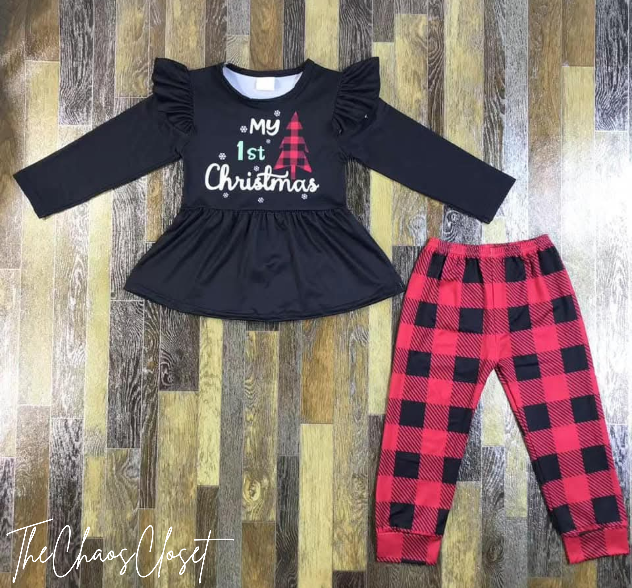 My 1st Christmas Buffalo Plaid Pants Set