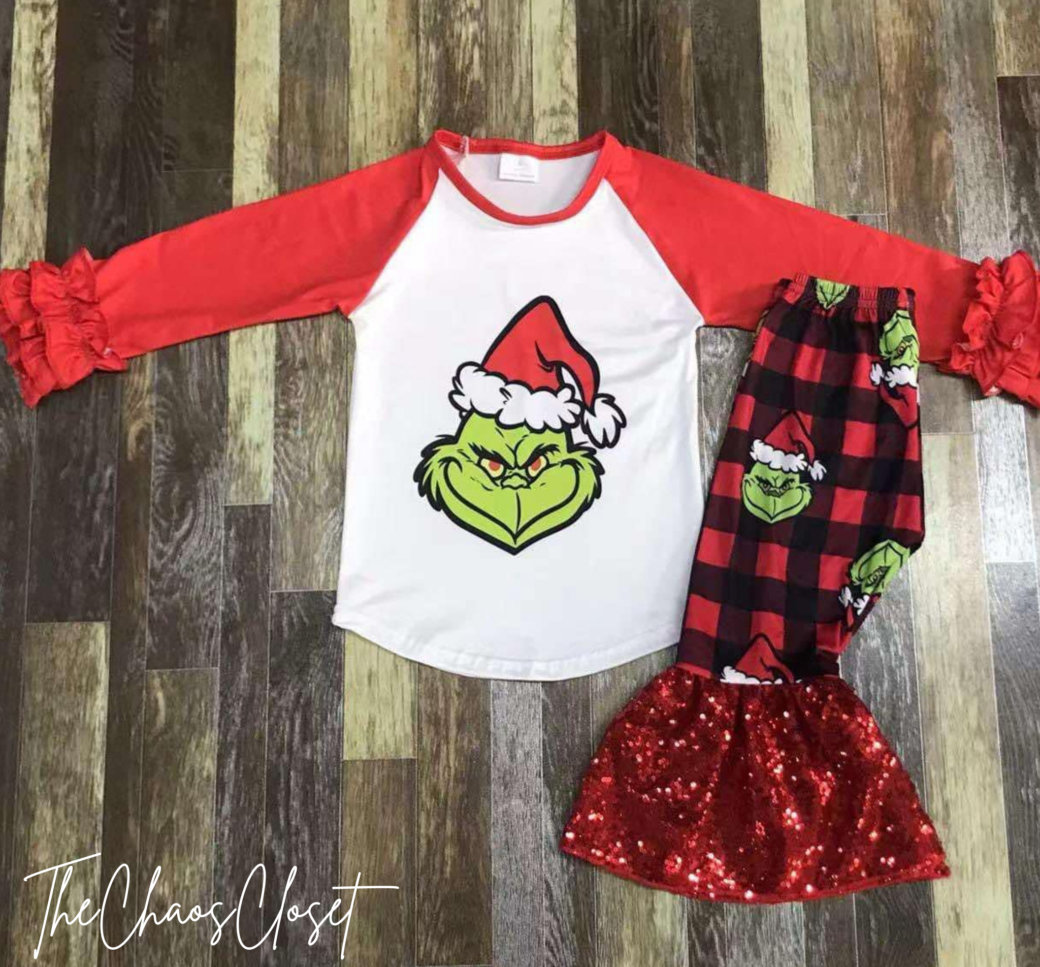 Grinch Buffalo Plaid Sequin Pants Set