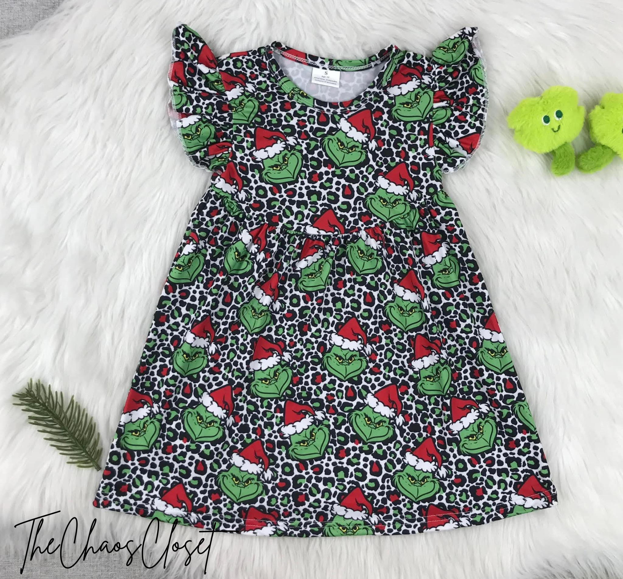 Grinch Leopard Flutter Sleeve Dress