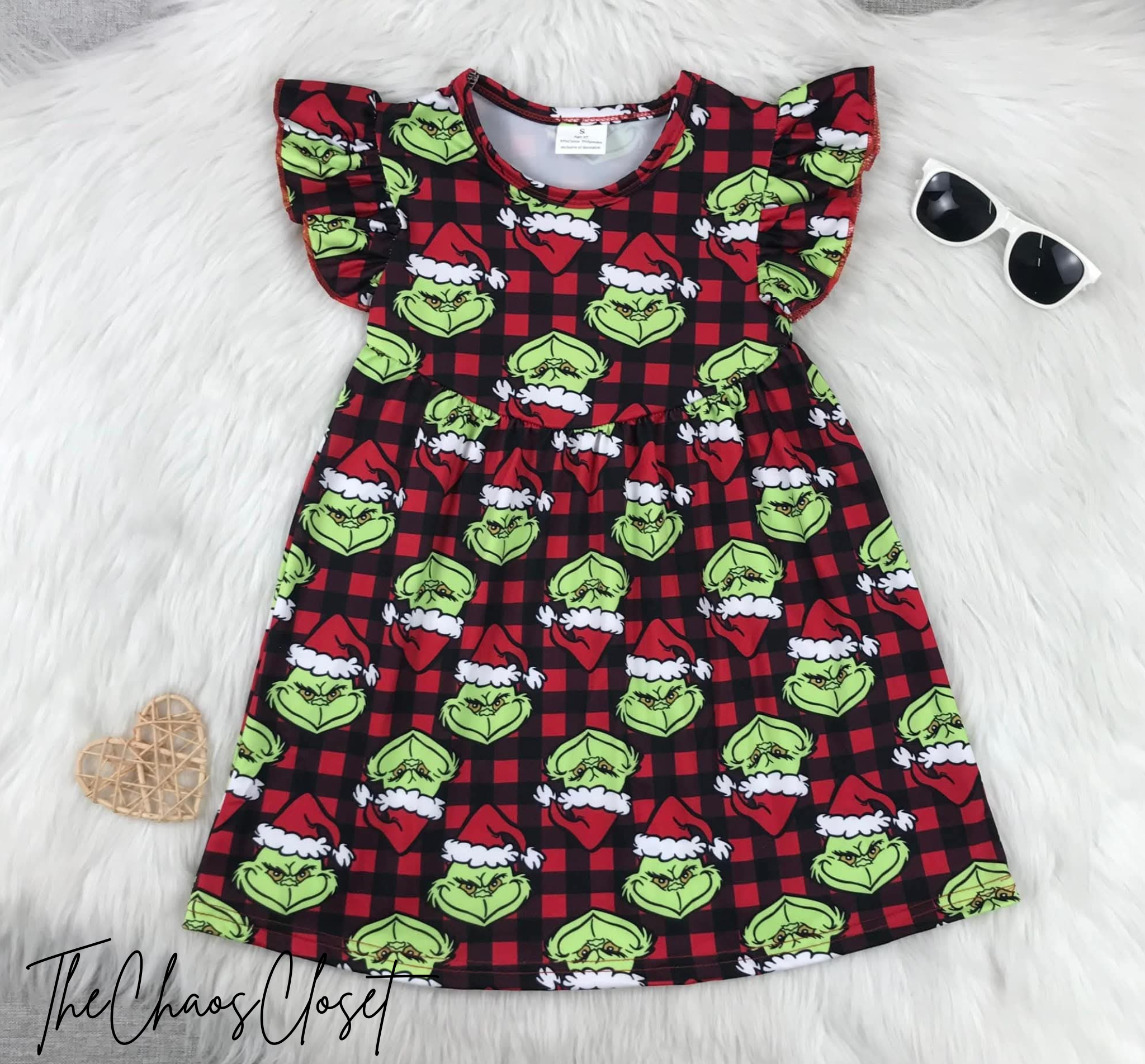 Grinch Buffalo Plaid Flutter Sleeve Dress Dress